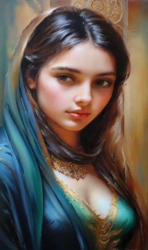 oil painting on canvas,oil painting,mystical portrait of a girl,art painting,fantasy portrait,young woman,indian art,fantasy art,islamic girl,jaya,persian poet,photo painting,girl portrait,girl with cloth,persian,turpan,oriental princess,portrait of a girl,chinese art,oil paint,Illustration,Paper based,Paper Based 04