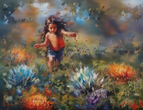 girl picking flowers,girl in flowers,girl in the garden,little girl in wind,little girl running,flower painting,falling flowers,chasing butterflies,meadow in pastel,oil painting on canvas,oil painting,sea of flowers,girl in a wreath,little girl with balloons,flora,girl walking away,little girl twirling,scattered flowers,picking flowers,field of flowers,Illustration,Paper based,Paper Based 04