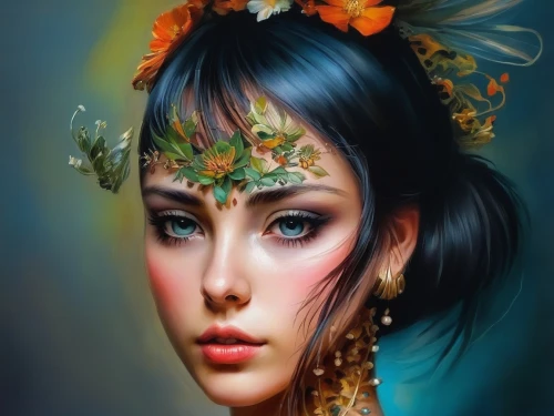 fantasy portrait,faery,faerie,fantasy art,mystical portrait of a girl,girl in a wreath,tiger lily,elven flower,world digital painting,geisha girl,girl in flowers,dryad,flower fairy,boho art,geisha,oriental princess,oriental girl,fairy queen,flower painting,chinese art,Illustration,Paper based,Paper Based 04