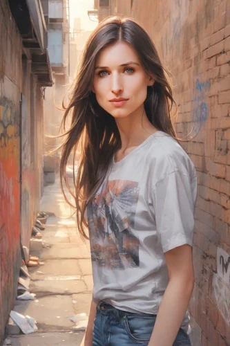 girl in t-shirt,portrait background,tshirt,jeans background,photo session in torn clothes,tee,city ​​portrait,denim background,isolated t-shirt,cuba background,in a shirt,alley cat,photo painting,antique background,young model istanbul,yasemin,alley,brick wall background,photographic background,ammo,Digital Art,Watercolor