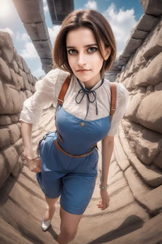 ammo,girl in a historic way,girl in overalls,up,digital compositing,pubg mascot,fisheye lens,fish eye,olallieberry,oktoberfest background,retro woman,delta sailor,retro girl,alice,bonjour bongu,skirt,eleven,hdr,b3d,action-adventure game,Photography,Realistic