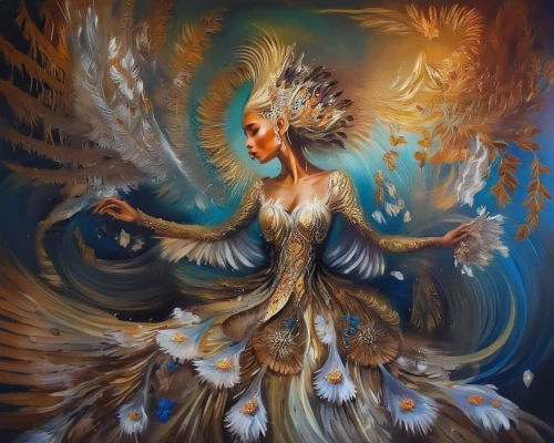 garuda,fairy peacock,baroque angel,peacock,patung garuda,archangel,fantasy art,shamanic,faerie,firebird,harpy,faery,fantasy portrait,shamanism,amano,feather headdress,fairy queen,masquerade,water nymph,in the mother's plumage,Illustration,Paper based,Paper Based 04