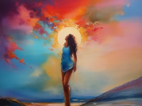 oil painting on canvas,colorful background,oil painting,art painting,world digital painting,woman silhouette,girl walking away,girl in a long,blue painting,colorful light,woman walking,digital painting,sun,girl on the dune,oil on canvas,sun and sea,creative background,boho art,photo painting,light of art,Illustration,Paper based,Paper Based 04