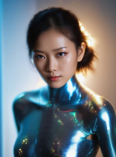 neon body painting,futuristic,aura,ai,solar,asian vision,visual effect lighting,hong,luminous,asian woman,phuquy,korean,light effects,asian girl,disco,cyborg,chrystal,light reflections,light space,space-suit,Photography,General,Realistic
