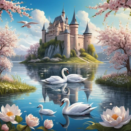 swan lake,fairy tale castle,swan boat,fairytale castle,fantasy picture,fantasy landscape,canadian swans,swans,water castle,baby swans,swan family,fairy tale,trumpet of the swan,bird kingdom,swan,a fairy tale,white swan,constellation swan,swan on the lake,3d fantasy,Illustration,Paper based,Paper Based 02