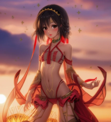 hula,tiger lily,rem in arabian nights,fire poi,fire lily,fire angel,sundew,pollen panties,anime 3d,anime japanese clothing,western red lily,beach background,japanese sakura background,red summer,blood maple,anime girl,desert flower,ashitaba,koto,torii,Photography,General,Realistic