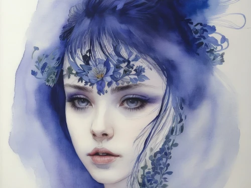 watercolor blue,delphinium,bluebell,blue violet,blue enchantress,grape-hyacinth,amano,watercolor painting,the snow queen,mystical portrait of a girl,blue rose,watercolor pencils,fantasy portrait,violet head elf,watercolor,watercolor women accessory,faery,watercolor paint,watercolour,wisteria,Illustration,Paper based,Paper Based 20