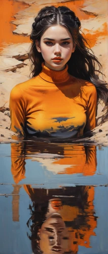 reflection in water,reflections in water,girl on the river,surface tension,water reflection,self-reflection,reflected,reflection,mirror water,oil painting on canvas,oil painting,water mirror,rust-orange,reflections,painting technique,reflection of the surface of the water,mirror reflection,girl in a long,oil on canvas,glass painting,Conceptual Art,Fantasy,Fantasy 12