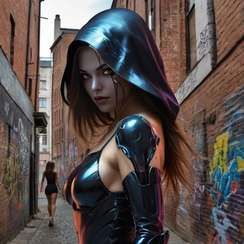 latex clothing,bodypaint,latex,bodypainting,body painting,neon body painting,catwoman,silk,fantasy woman,black widow,huntress,graffiti,super heroine,xmen,alley cat,photo session in bodysuit,cosplay image,superhero background,cyborg,head woman,Female,Eastern Europeans,Straight hair,Youth adult,M,Confidence,Underwear,Outdoor,City Alleyway