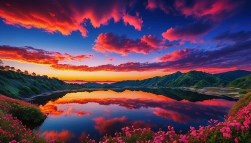 incredible sunset over the lake,splendid colors,purple landscape,beautiful landscape,volcanic lake,beautiful lake,heaven lake,landscapes beautiful,intense colours,nature landscape,crater lake,mountain sunrise,red sky,alpine lake,colorful water,landscape background,harmony of color,evening lake,volcanic landscape,landscape nature,Illustration,Japanese style,Japanese Style 05