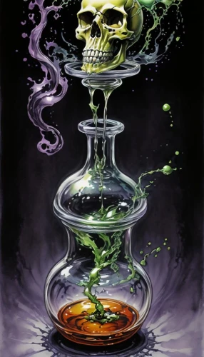 conjure up,alchemy,absinthe,potions,potion,dance of death,poison bottle,distillation,cauldron,memento mori,poisonous,poison,glass painting,oils,psychedelic art,equilibrium,vanitas,divination,water drip,apothecary