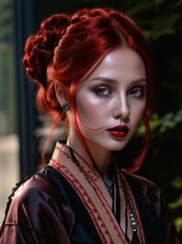 victorian lady,fantasy portrait,romantic portrait,gothic portrait,mystical portrait of a girl,red-haired,world digital painting,redhead doll,geisha,vampire woman,fantasy art,red russian,shades of red,geisha girl,fashion illustration,vampire lady,romantic look,lilian gish - female,red head,fantasy picture,Photography,General,Realistic