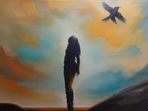 oil painting on canvas,bird painting,oil on canvas,oil painting,bird in the sky,arches raven,art painting,oil paint,woman silhouette,girl in a long,digital painting,bird of paradise,black bird,blackbird,black crow,migration,raven's feather,crow in silhouette,world digital painting,crows,Illustration,Paper based,Paper Based 04