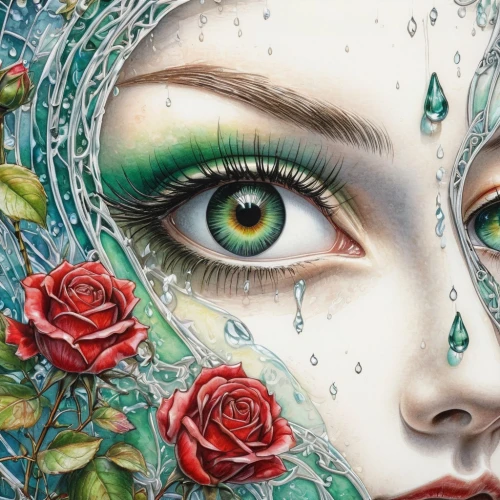 peacock eye,watercolor pencils,water rose,women's eyes,raindrop rose,dewdrop,angel's tears,coloured pencils,color pencil,masquerade,glass painting,oil painting on canvas,flora,dewdrops,colored pencil,dew drop,spray roses,rose flower illustration,color pencils,way of the roses,Conceptual Art,Daily,Daily 17