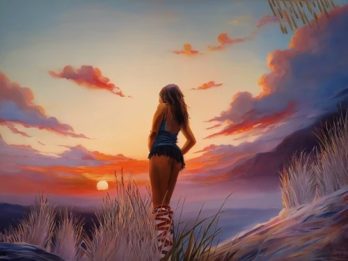 world digital painting,fantasy picture,girl on the dune,landscape background,sunset,fantasy art,girl in a long,the horizon,summer evening,summer background,digital painting,moana,creative background,pocahontas,photo painting,girl on the river,girl walking away,art painting,background image,sunrise,Illustration,Paper based,Paper Based 04