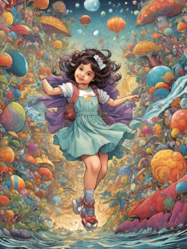 little girl in wind,little girl with balloons,flying girl,fairy galaxy,children's background,wonderland,dream world,fall from the clouds,fairy world,fairies aloft,little girl fairy,flying seed,fantasia,little girl twirling,falling flowers,child fairy,fantasy picture,underwater background,colorful balloons,kids illustration,Digital Art,Comic