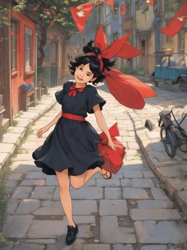 flying girl,mary poppins,little girl in wind,flamenco,delivery service,postman,gone with the wind,twirl,anime japanese clothing,acerola,studio ghibli,windy,wind,may day,girl in a historic way,rockabella,vanessa (butterfly),red ribbon,delivering,fantasia,Digital Art,Comic