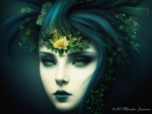 dryad,elven flower,faerie,faery,fantasy portrait,wilted,rusalka,water nymph,mystical portrait of a girl,lily of the nile,green mermaid scale,headdress,widow flower,lilly of the valley,girl in a wreath,fairy queen,the enchantress,solomon's seal,fantasy art,blue enchantress,Illustration,Abstract Fantasy,Abstract Fantasy 01