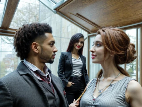 the girl's face,contemporary witnesses,mannequins,dialogue window,clients,woman in menswear,clary,business women,black couple,black businessman,concierge,businesswomen,business people,onlookers,conversation,dialogue windows,video scene,advisors,receptionists,exchange of ideas