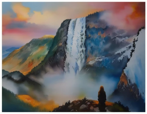 wasserfall,bridal veil fall,cascades,skogafoss,brown waterfall,water fall,waterfall,water falls,waterfalls,helmcken falls,painting technique,bow falls,haifoss,falls of the cliff,mountain scene,cascade,kirkjufell river,oil painting on canvas,kirkjufell,falls,Illustration,Paper based,Paper Based 04