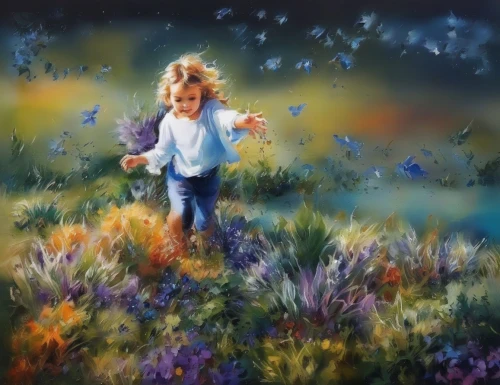 girl picking flowers,meadow in pastel,girl in flowers,little girl in wind,flower painting,girl in the garden,children's background,meadow play,the lavender flower,little girl running,picking flowers,sea of flowers,flower meadow,child in park,field of flowers,wild meadow,dandelion meadow,flowering meadow,chasing butterflies,oil painting on canvas,Illustration,Paper based,Paper Based 04