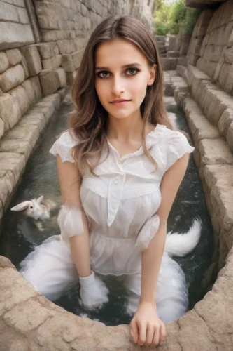 woman at the well,the girl in the bathtub,wishing well,girl in a historic way,ammo,stream,bathtub,water nymph,celtic woman,stone angel,enchanting,water spring,milk bath,children's fairy tale,running water,in water,angel girl,stone sink,fae,princess sofia,Photography,Realistic