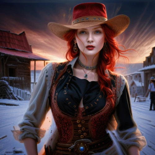 gunfighter,cowgirl,country-western dance,cowgirls,western,fantasy picture,steampunk,wild west,the hat-female,red coat,western riding,the hat of the woman,countrygirl,fantasy art,red hat,victorian lady,american frontier,red skin,game illustration,lady in red,Photography,Documentary Photography,Documentary Photography 22