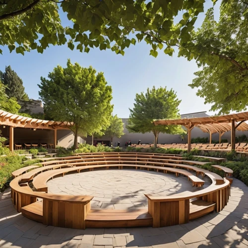 home of apple,japanese zen garden,palo alto,amphitheater,school design,zen garden,circle around tree,semi circle arch,californian white oak,stanford university,pergola,wooden rings,amphitheatre,sonoma,wine barrels,circle design,japanese garden,wine-growing area,outdoor table,school benches,Photography,General,Realistic