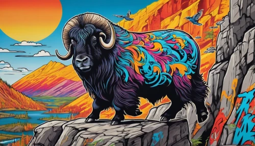 buffalo,pachamama,mountain sheep,wild sheep,goat mountain,taurus,bison,psychedelic art,altiplano,the black sheep,the zodiac sign taurus,tribal bull,bighorn ram,mountain cows,anglo-nubian goat,feral goat,yak,goatflower,black sheep,ram,Conceptual Art,Graffiti Art,Graffiti Art 07