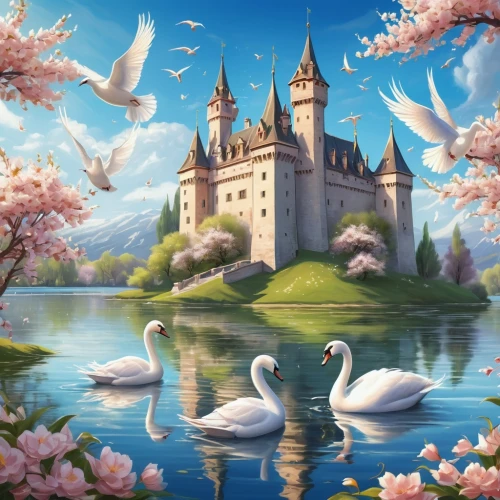 fairy tale castle,fairytale castle,fantasy picture,fantasy landscape,swan lake,water castle,fairy tale,fairy world,springtime background,children's fairy tale,a fairy tale,landscape background,fantasy world,3d fantasy,disney castle,fantasy art,bird kingdom,spring background,moated castle,swan boat,Illustration,Paper based,Paper Based 02