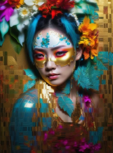 geisha girl,girl in a wreath,bjork,geisha,girl in flowers,masquerade,asian costume,vietnamese woman,oriental girl,fallen colorful,fairy peacock,japanese woman,mystical portrait of a girl,colorful floral,bodypainting,flower fairy,fantasy portrait,multicolor faces,asian woman,bodypaint,Photography,Artistic Photography,Artistic Photography 08