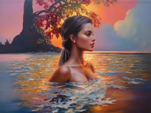 oil painting on canvas,girl on the river,oil painting,water nymph,art painting,mystical portrait of a girl,the blonde in the river,girl with tree,oil on canvas,fantasy art,immersed,girl with a dolphin,siren,fantasy picture,polynesian girl,woman thinking,world digital painting,hula,submerged,mangroves,Illustration,Paper based,Paper Based 04