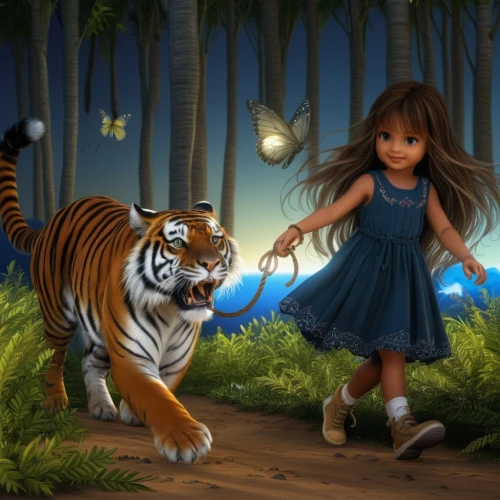 world digital painting,woodland animals,forest animals,chestnut tiger,fantasy picture,children's background,children's fairy tale,kids illustration,tiger lily,tiger cub,fantasy art,a tiger,digital compositing,young tiger,3d fantasy,fairy tale character,chasing butterflies,tigerle,digital painting,tigers,Photography,General,Realistic