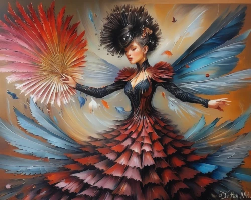 fairy peacock,flamenco,baroque angel,garuda,peacock,passion butterfly,phoenix rooster,khokhloma painting,archangel,oil painting on canvas,rosella,fire angel,bjork,patung garuda,cirque du soleil,dancer,little girl in wind,masquerade,fantasia,murano,Illustration,Paper based,Paper Based 04