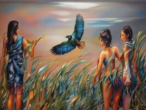 indigenous painting,bird painting,songbirds,first nation,shamanism,art painting,oil painting on canvas,the american indian,shamanic,wild birds,oil painting,fantasy art,aboriginal painting,bodypainting,migratory birds,world digital painting,indigenous culture,bird of paradise,american indian,the birds,Illustration,Paper based,Paper Based 04