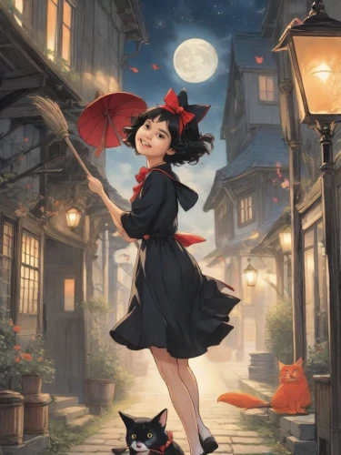 mary poppins,little red riding hood,red riding hood,studio ghibli,little girl with umbrella,alice,fantasy picture,fairy tale character,girl with dog,little girl in wind,rockabella,cheshire,flying girl,the girl in nightie,world digital painting,delivery service,red shoes,fairy tale,fairy tale icons,witch,Digital Art,Comic