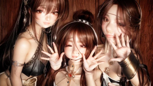 anime 3d,dolls,triplet lily,butterfly dolls,joint dolls,porcelain dolls,speak no evil,multiple exposure,hear no evil,doll looking in mirror,japanese doll,three,the three graces,oriental longhair,wood angels,photo effect,designer dolls,transparent background,vamps,female hares