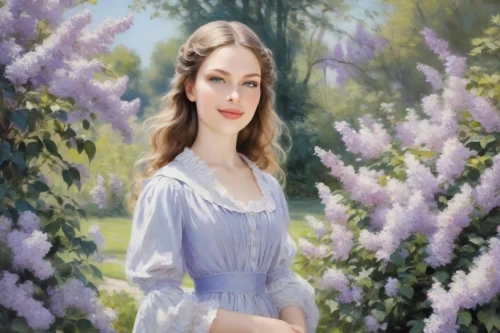 girl in the garden,wisteria,la violetta,lilacs,the lavender flower,lilac tree,lilac blossom,girl in flowers,oil painting,girl with tree,jane austen,oil painting on canvas,young woman,common lilac,meadow in pastel,mystical portrait of a girl,romantic portrait,art painting,lavender fields,girl in a long,Digital Art,Classicism