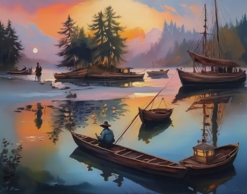 boat landscape,fishing boats,wooden boats,landscape background,sailboats,rowboats,river landscape,canoes,fantasy landscape,wooden boat,boats,world digital painting,sailing boats,old wooden boat at sunrise,row boats,art painting,fishing village,fishing float,evening lake,coastal landscape,Illustration,Paper based,Paper Based 04