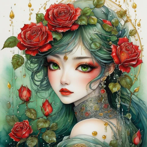 green rose hips,rose flower illustration,faery,fantasy portrait,flora,rose hips,rosa 'the fairy,flower fairy,girl in flowers,wild roses,boho art,rosehips,flower girl,poison ivy,beautiful girl with flowers,faerie,rose bloom,scent of roses,fairy queen,dryad,Illustration,Realistic Fantasy,Realistic Fantasy 16