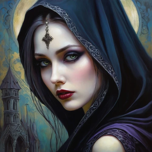 gothic woman,gothic portrait,sorceress,gothic style,gothic fashion,fantasy portrait,the enchantress,fantasy art,priestess,gothic,dark elf,goth woman,mystical portrait of a girl,dark gothic mood,vampire woman,violet head elf,gothic dress,vampire lady,dark angel,maiden,Illustration,Realistic Fantasy,Realistic Fantasy 30