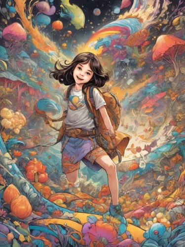 little girl in wind,shirakami-sanchi,dream world,sci fiction illustration,flying girl,astral traveler,rosa ' amber cover,fall from the clouds,traveler,world digital painting,psychedelic art,fairy galaxy,other world,children's background,studio ghibli,kids illustration,girl with speech bubble,amano,little girl with balloons,wonderland,Digital Art,Comic