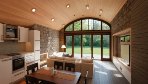 wood window,wooden windows,vaulted ceiling,small cabin,inverted cottage,cabin,the cabin in the mountains,wooden beams,daylighting,log cabin,kitchen design,dormer window,chalet,round window,kitchen interior,summer cottage,breakfast room,timber house,wood doghouse,modern kitchen