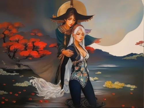 fantasy picture,autumn background,young couple,kimjongilia,fantasy portrait,fantasy art,art painting,autumn theme,autumn idyll,photo painting,japanese art,the autumn,oil painting on canvas,world digital painting,rosa ' amber cover,children's fairy tale,girl with a dolphin,sun and moon,fairytale characters,fairy tale character,Illustration,Paper based,Paper Based 04