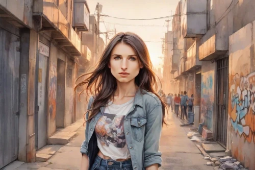 girl walking away,city ​​portrait,world digital painting,digital compositing,photoshop manipulation,portrait background,photo painting,girl in a long,jeans background,creative background,street artist,graffiti,girl in t-shirt,graffiti art,digital painting,adobe photoshop,woman walking,photo manipulation,girl portrait,photo session in torn clothes,Digital Art,Watercolor