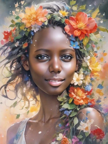 girl in flowers,girl in a wreath,beautiful girl with flowers,flower painting,african woman,wreath of flowers,floral wreath,oil painting on canvas,mystical portrait of a girl,african american woman,flower girl,blooming wreath,flower art,flora,flowers png,african daisies,african art,oil painting,beautiful african american women,world digital painting