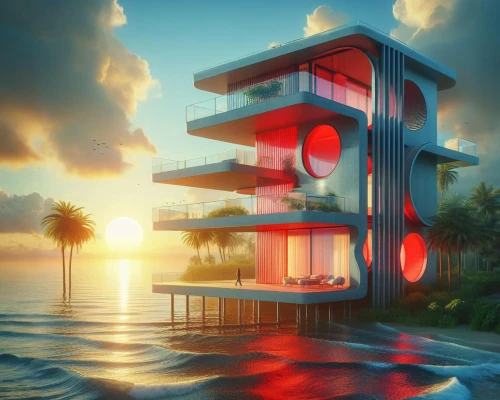 lifeguard tower,cube stilt houses,cubic house,house by the water,beachhouse,tropical house,aqua studio,floating huts,seaside resort,artificial island,house of the sea,futuristic architecture,stilt houses,beach house,stilt house,island suspended,floating island,modern architecture,beach hut,cube house