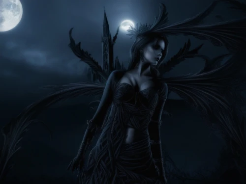 queen of the night,dark angel,dark elf,gothic woman,dark gothic mood,dark art,the night of kupala,lady of the night,the enchantress,crow queen,faerie,blue enchantress,angel of death,nocturnal bird,sorceress,gothic fashion,faery,evil fairy,dryad,gothic dress,Illustration,Realistic Fantasy,Realistic Fantasy 46