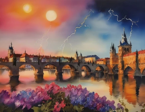 prague,art painting,hohenzollern bridge,charles bridge,watercolor paris,fantasy picture,oil painting on canvas,photo painting,fantasy art,bridge new europe,city scape,world digital painting,saintpetersburg,city skyline,fireworks art,cityscape,dresden,danube bridge,kremlin,rainbow bridge,Illustration,Paper based,Paper Based 04