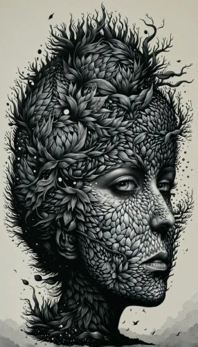 dryad,medusa,pencil art,psychedelic art,rooted,complexity,mind,fractals art,synapse,head woman,gorgon,human head,sci fiction illustration,surrealism,girl with tree,gnarled,woman thinking,tree thoughtless,psychosis,tree crown,Illustration,Black and White,Black and White 09
